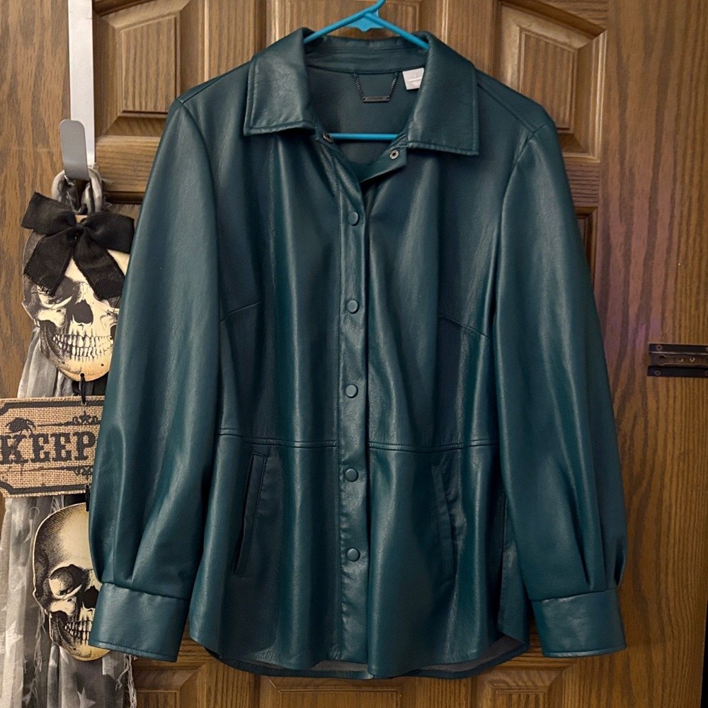 Dark Teal Faux Leather Snap Up Shacket - Picture 4 of 12